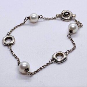 Tiffany & Co Sterling Cultured Pearl Cushion Link Toggle Bracelet 7.25"